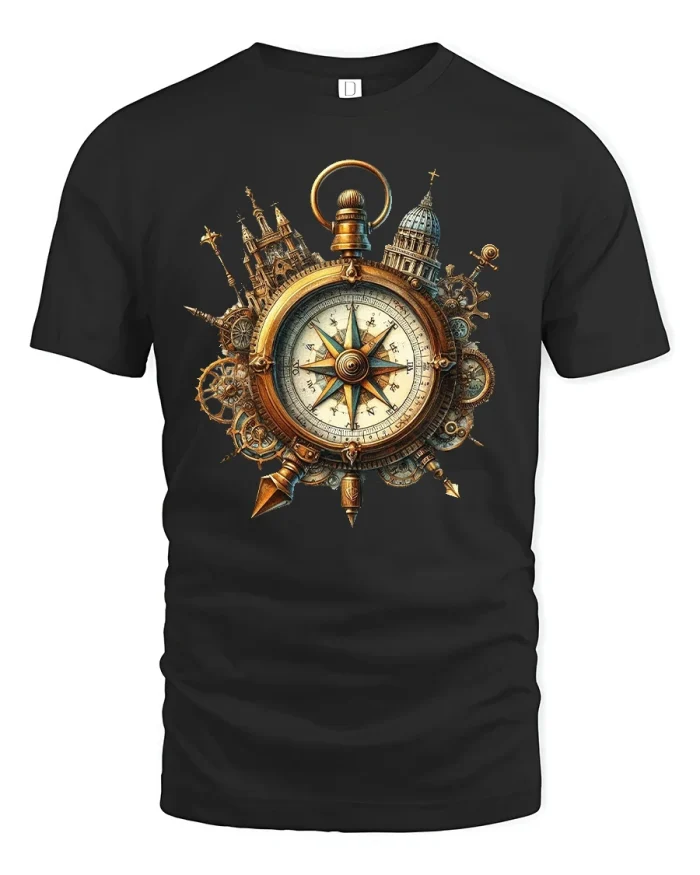 Steampunk Compass T-Shirt Vintage Adventure Tee - black t-shirt on white background