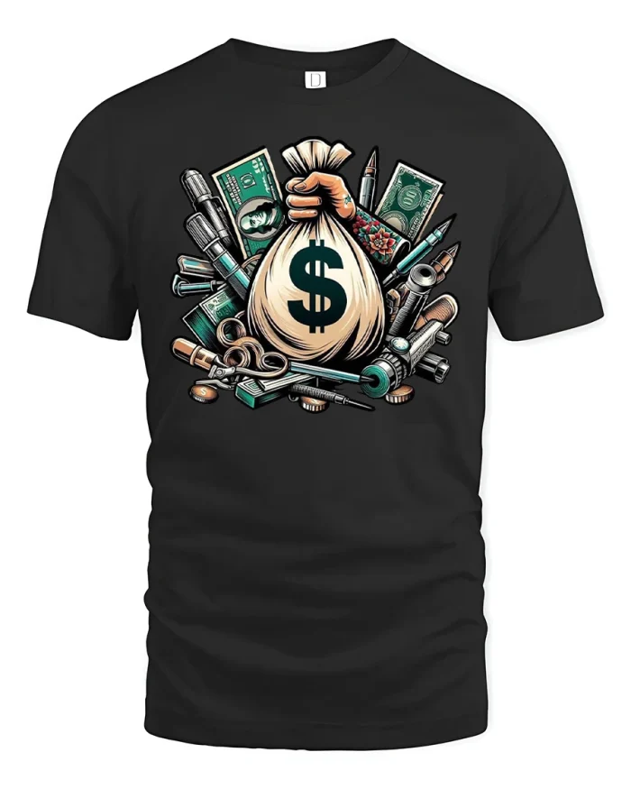 Money Bag T-Shirt Cool Cash Art Rich Life Graphic Tee - black t-shirt on white background
