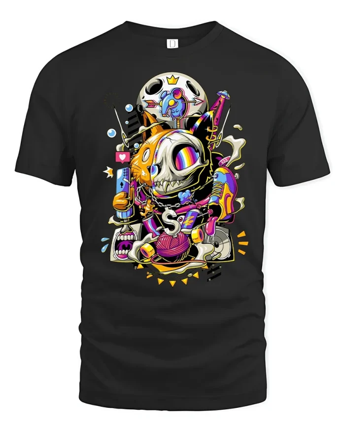 Street Art Cat T-Shirt Neon Skull Graffiti Graphic Tee - black t-shirt on white background