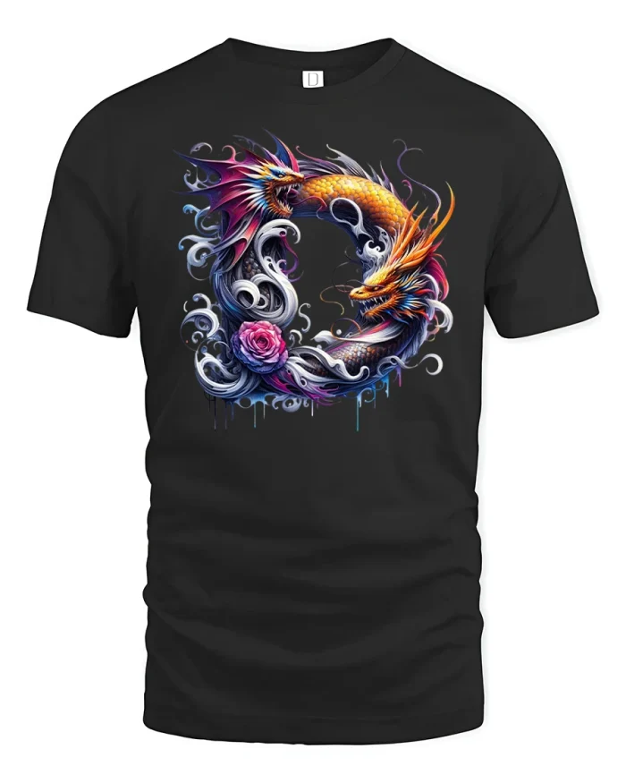 Yin Yang Dragon T-Shirt Dual Fire Water Art Graphic Tee - black t-shirt on white background