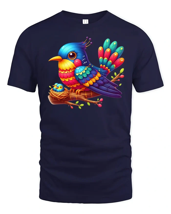 Colorful Bird T-Shirt Cute Mom and Baby Bird Graphic - navy t-shirt on white background