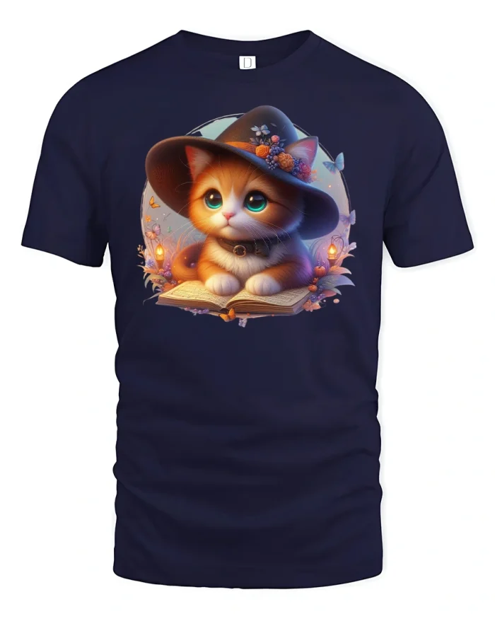 Cute Witch Cat T-Shirt Magical Book Reading Kitty Tee - navy t-shirt on white background