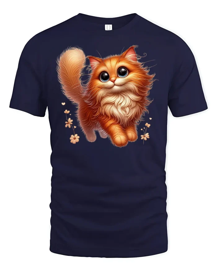 Cute Orange Cat T-Shirt Adorable Fluffy Kitty Tee - navy t-shirt on white background