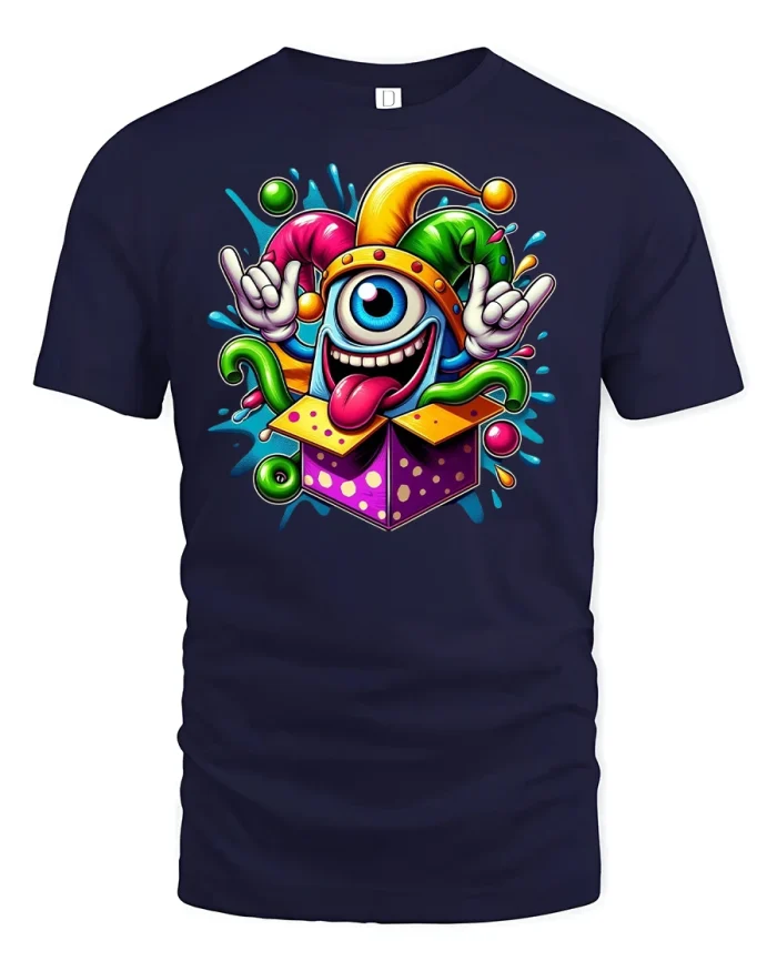 Crazy Monster T-Shirt Funny Cyclops Jester Box Tee - navy t-shirt on white background