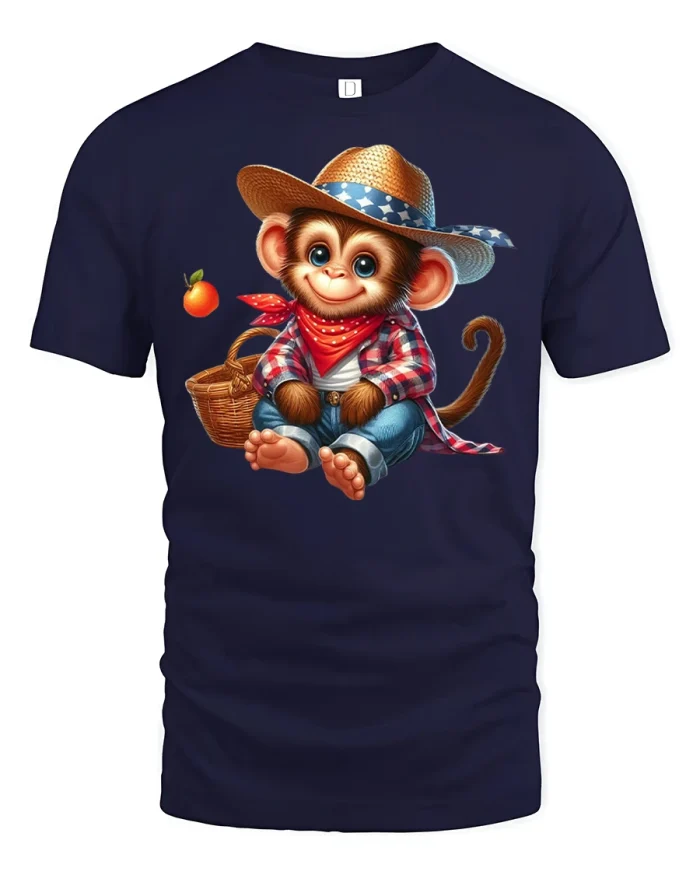 Cute Cowboy Monkey T-Shirt Funny Western Style Tee - navy t-shirt on white background