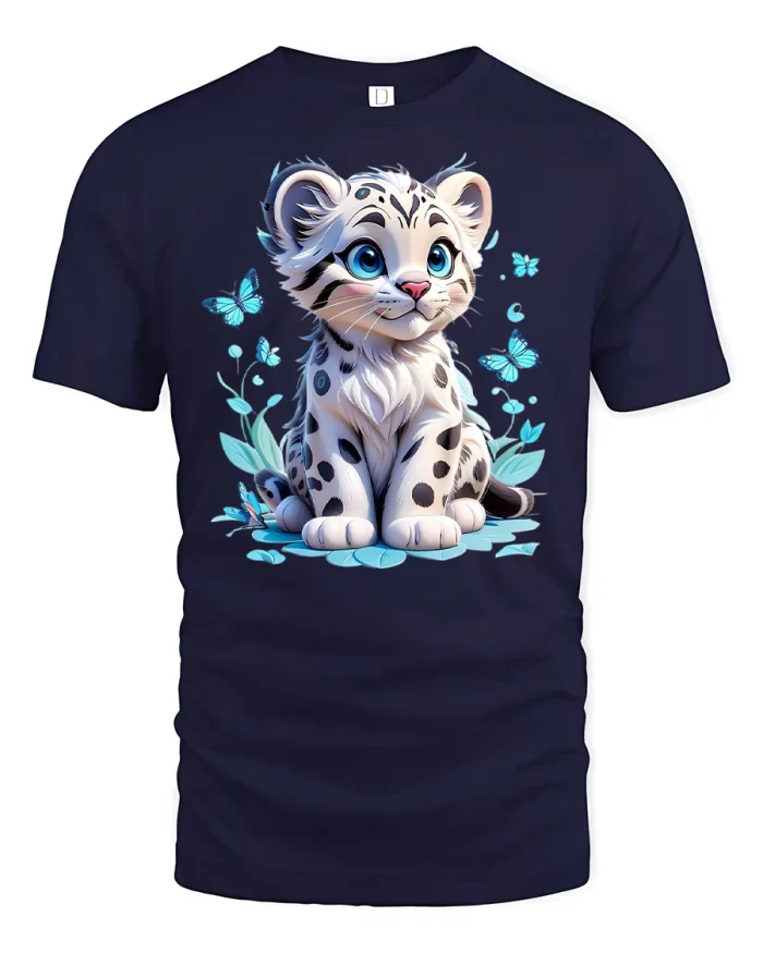 Cute Snow Leopard T-Shirt Adorable Wild Cat Art Tee - navy t-shirt on white background