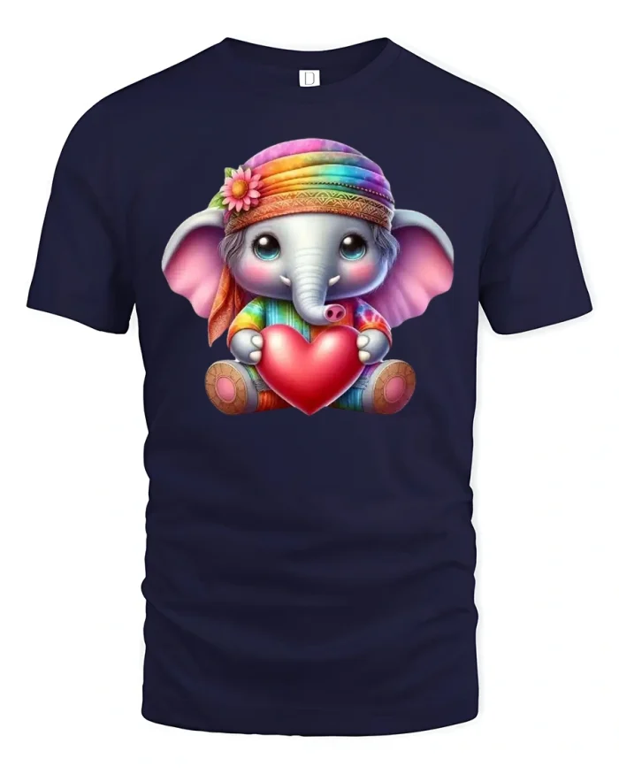 Cute Elephant T-Shirt Colorful Heart Love Gift Tee - navy t-shirt on white background