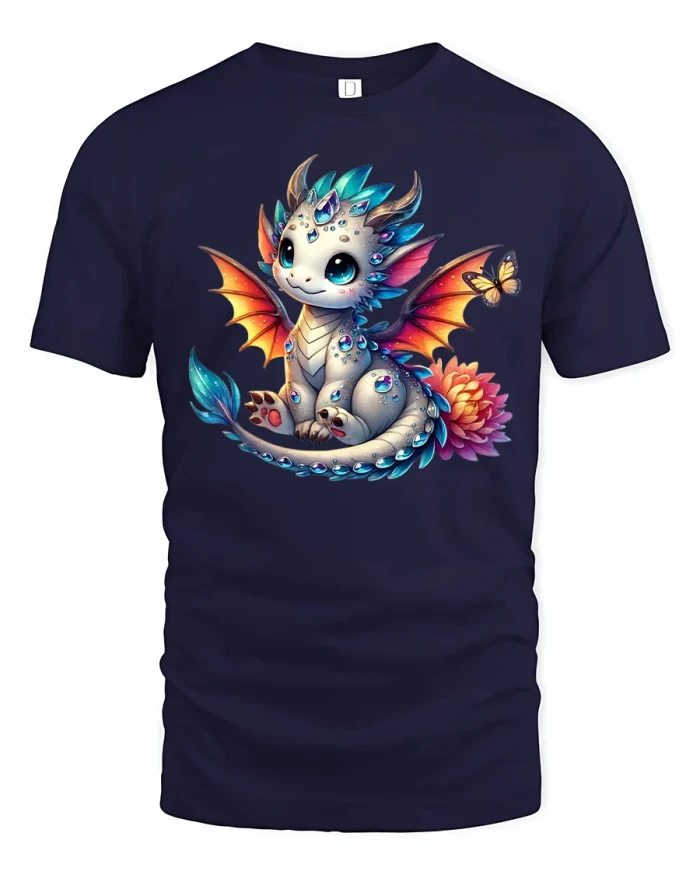 Cute Baby Dragon T-Shirt Fantasy Art Magic Creature Tee - navy t-shirt on white background