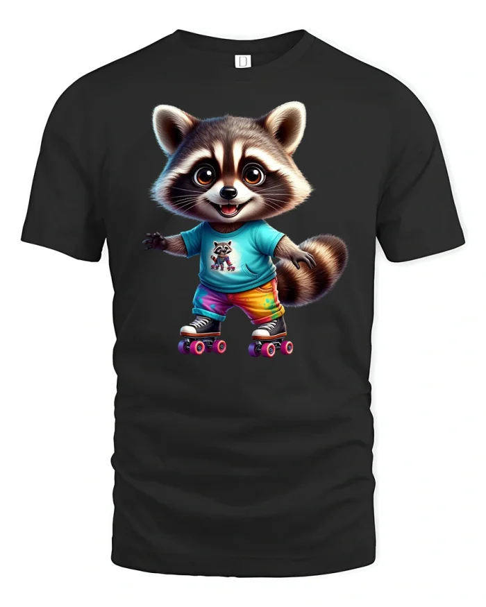 Cute Roller Skating Raccoon Cartoon Graphic T-Shirt - black t-shirt on white background