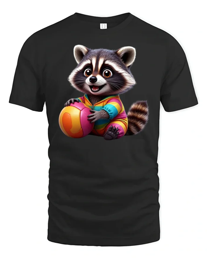 Cute Baby Raccoon With Ball Cartoon Graphic T-Shirt - black t-shirt on white background