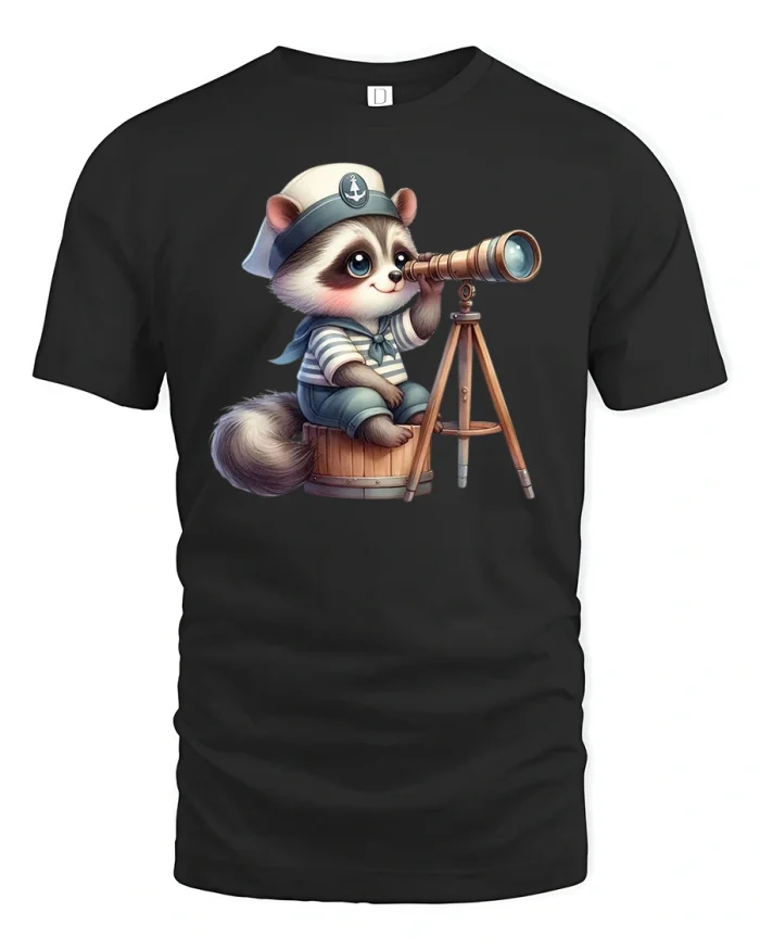 Cute Sailor Raccoon with Telescope Cartoon T-Shirt - black t-shirt on white background