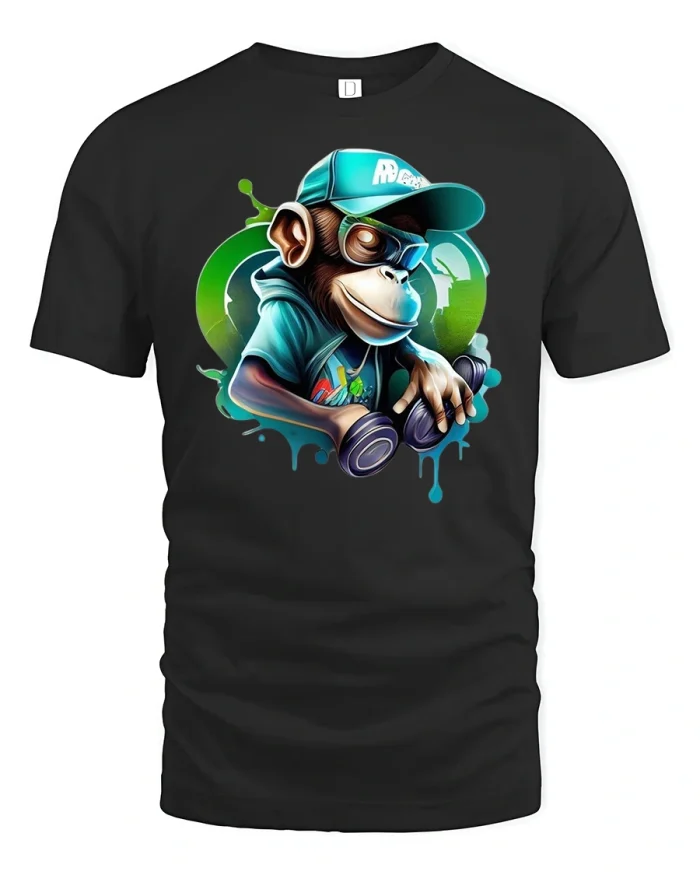 Cool DJ Monkey Graffiti Street Art Graphic T-Shirt - black t-shirt on white background