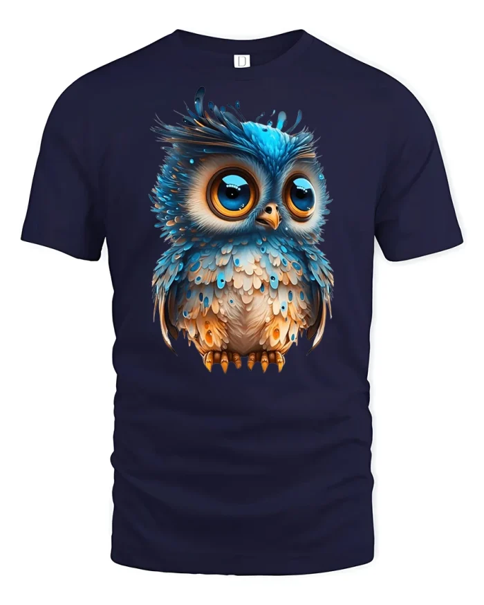 Cute Blue Owl Big Eyes Cartoon Graphic T-Shirt - navy t-shirt on white background