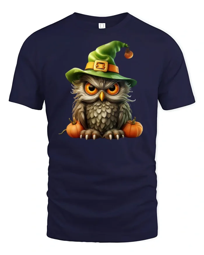 Halloween Owl with Witch Hat and Pumpkins T-Shirt - navy t-shirt on white background