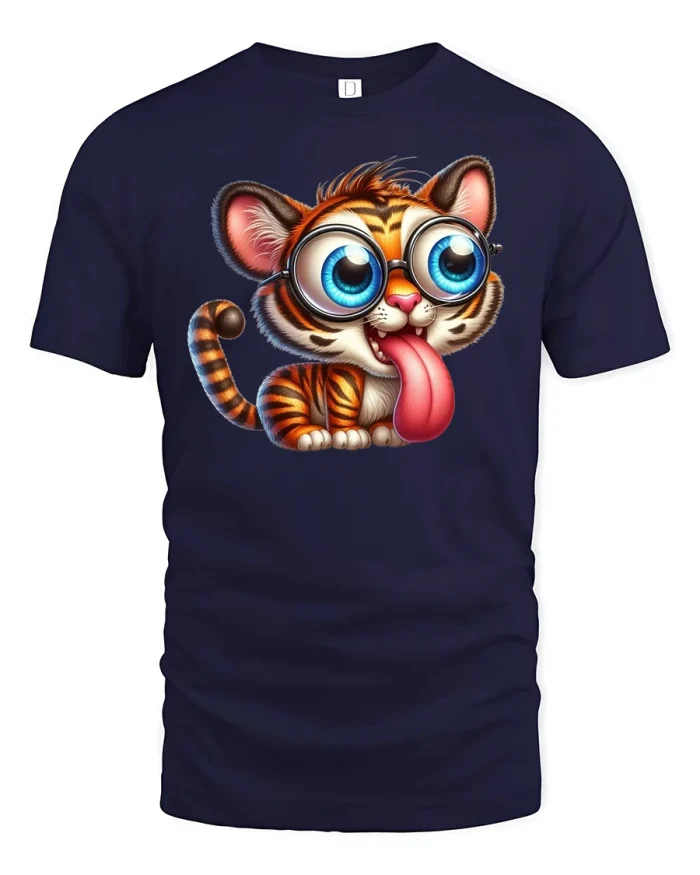 Funny Cute Tiger with Big Glasses Cartoon T-Shirt - navy t-shirt on white background