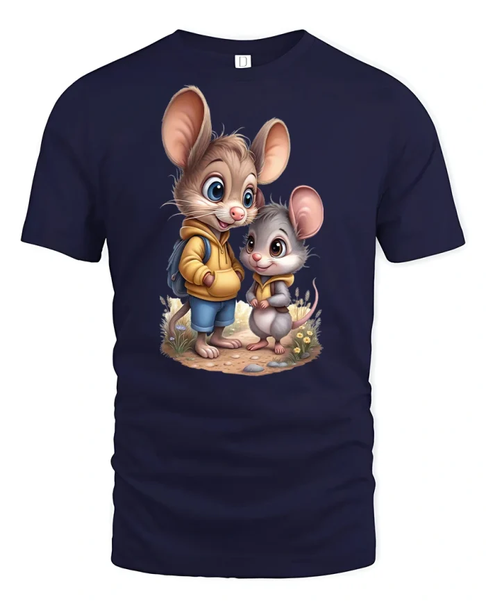 Cute Mouse Friends Adventure Cartoon Graphic T-Shirt - navy t-shirt on white background