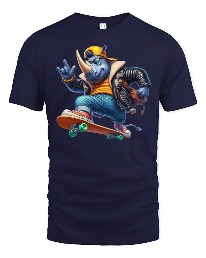 Cool Rhino Skateboarder Funny Cartoon Graphic T-Shirt - navy t-shirt on white background