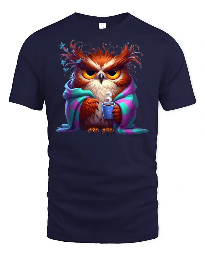 Grumpy Morning Owl Coffee Lover Funny Graphic T-Shirt - navy t-shirt on white background