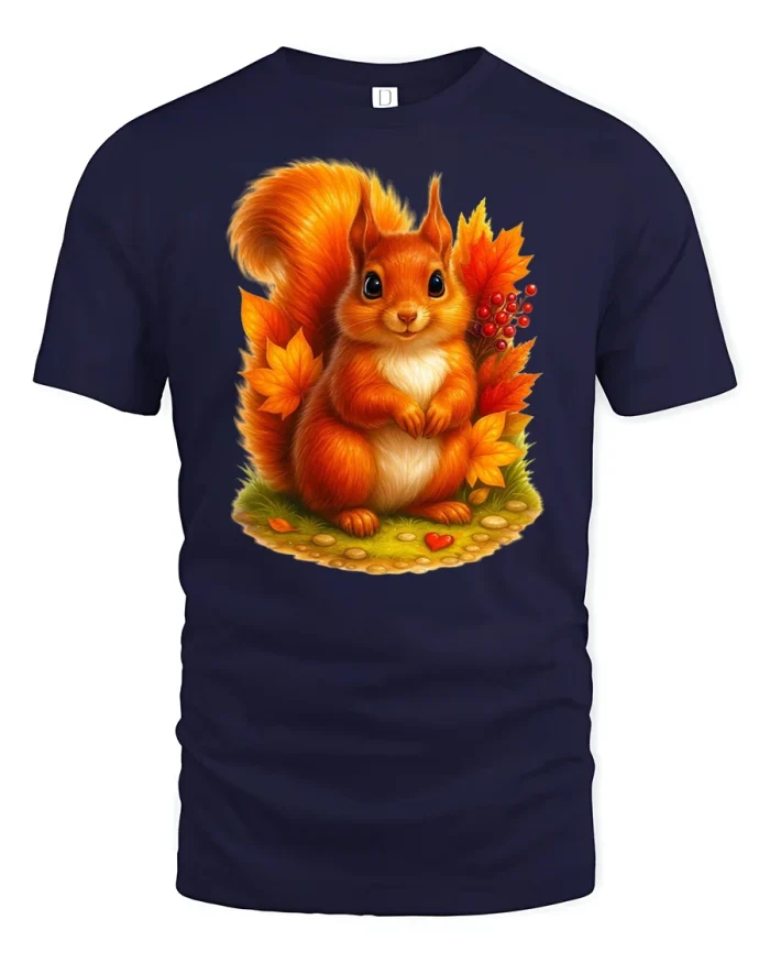 Cute Autumn Squirrel with Leaves Fall Season T-Shirt - navy t-shirt on white background