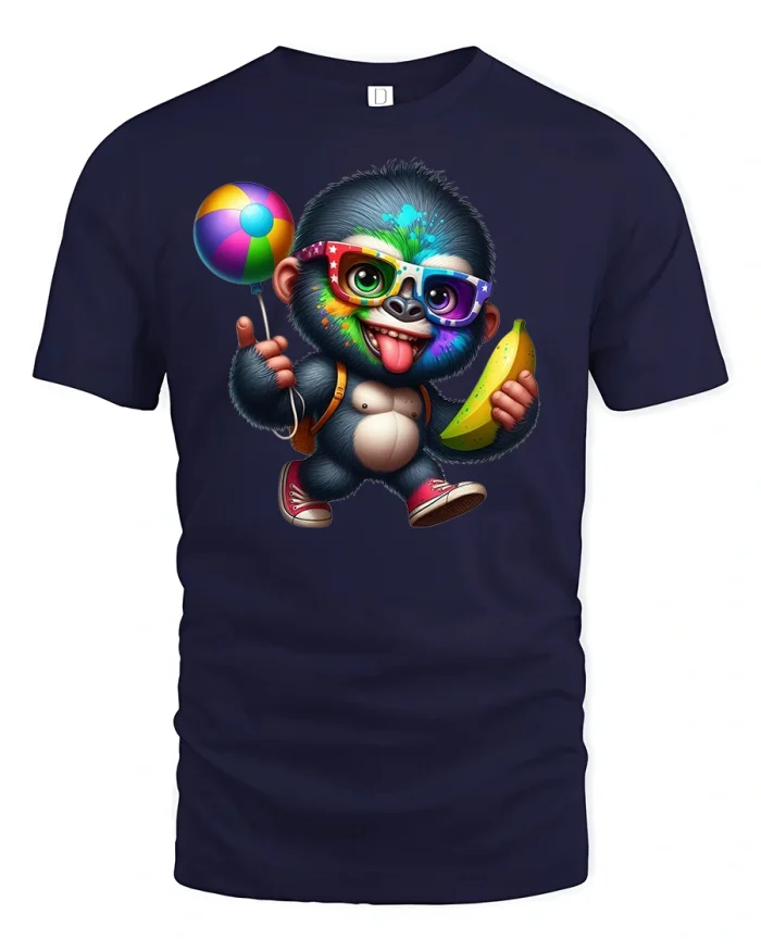 Funny Baby Monkey with Banana and Glasses T-Shirt - navy t-shirt on white background