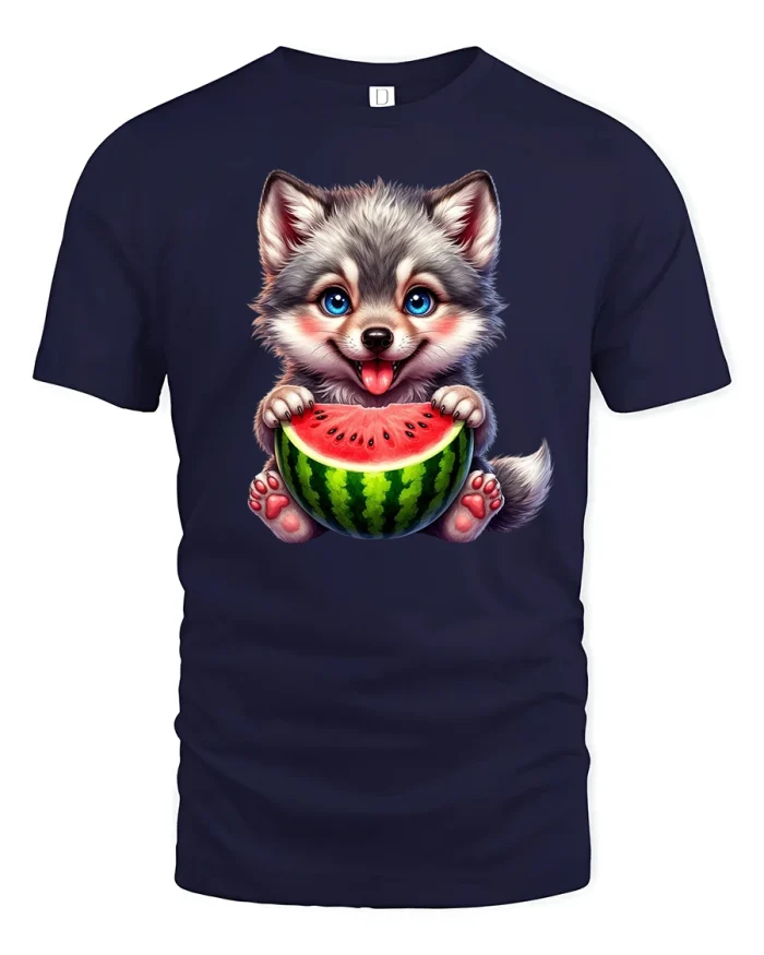 Cute Husky Puppy with Watermelon Funny Summer T-Shirt - navy t-shirt on white background