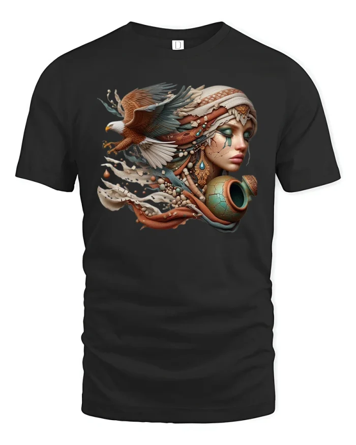 Spirit of Freedom Eagle Woman Art Graphic Tee - black t-shirt on white background