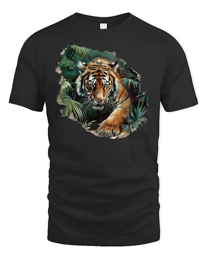 Jungle Tiger 3D Realistic Wildlife Graphic T-Shirt - black t-shirt on white background