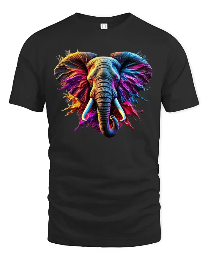 Vibrant Elephant Splash Art Graphic T-Shirt - black t-shirt on white background