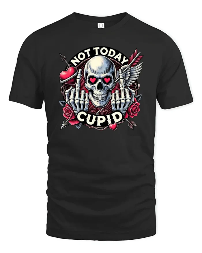 Not Today Cupid Funny Skull Valentine T-Shirt - black t-shirt on white background