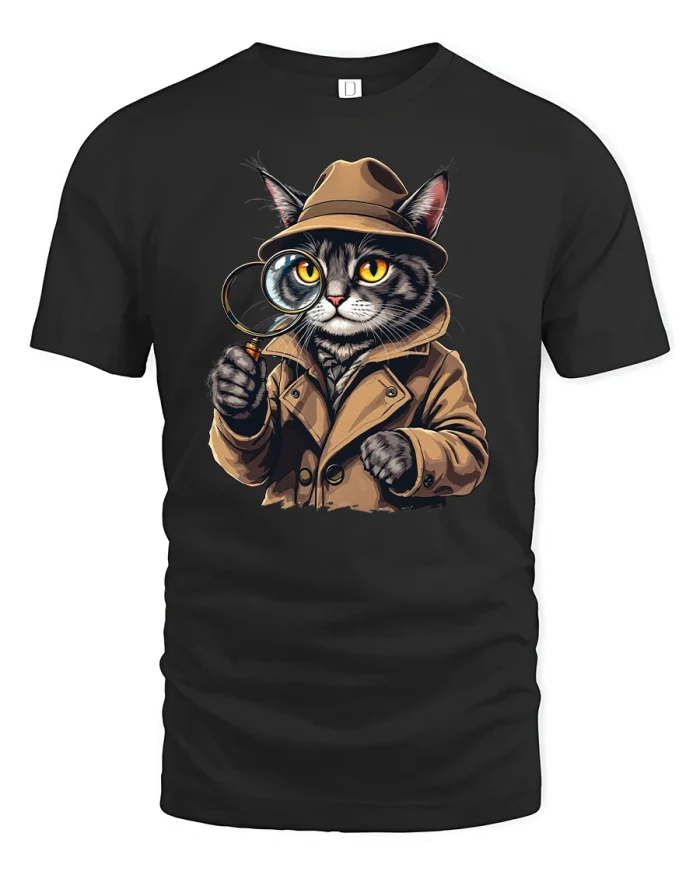 Detective Cat Funny Investigator Graphic T-Shirt - black t-shirt on white background