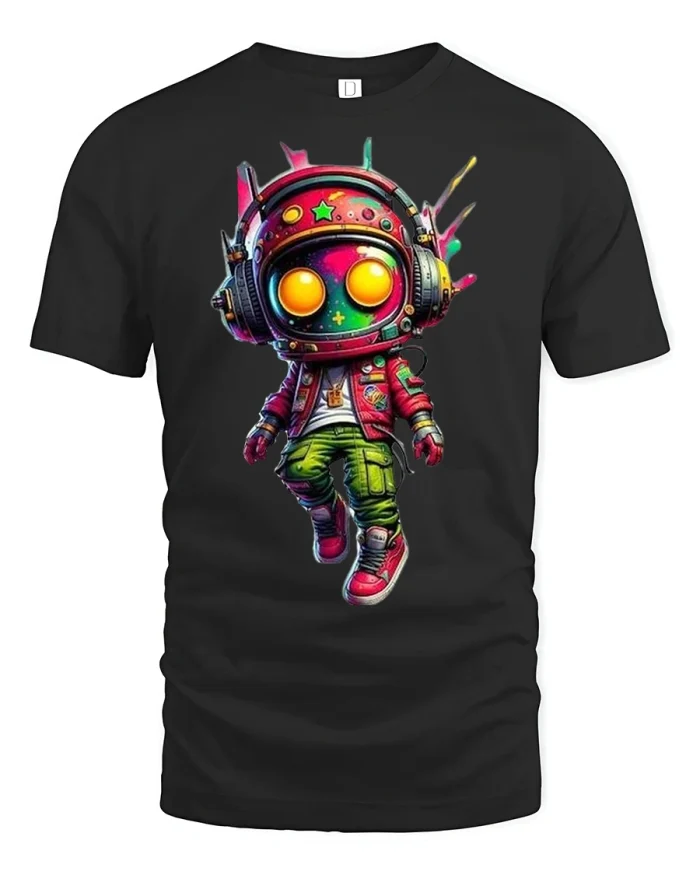 Neon Astronaut Streetwear Space Art Graphic T-Shirt - black t-shirt on white background