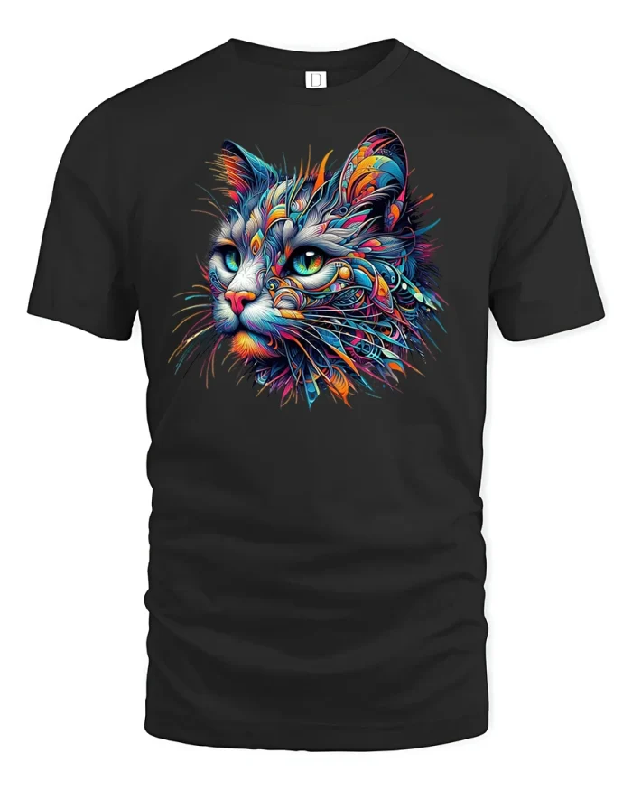 Vibrant Neon Cat Abstract Art Graphic T-Shirt - black t-shirt on white background