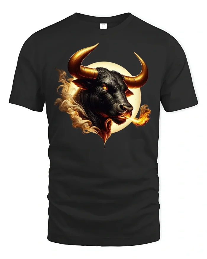 Fire Bull Spirit Power Animal Art Graphic T-Shirt - black t-shirt on white background