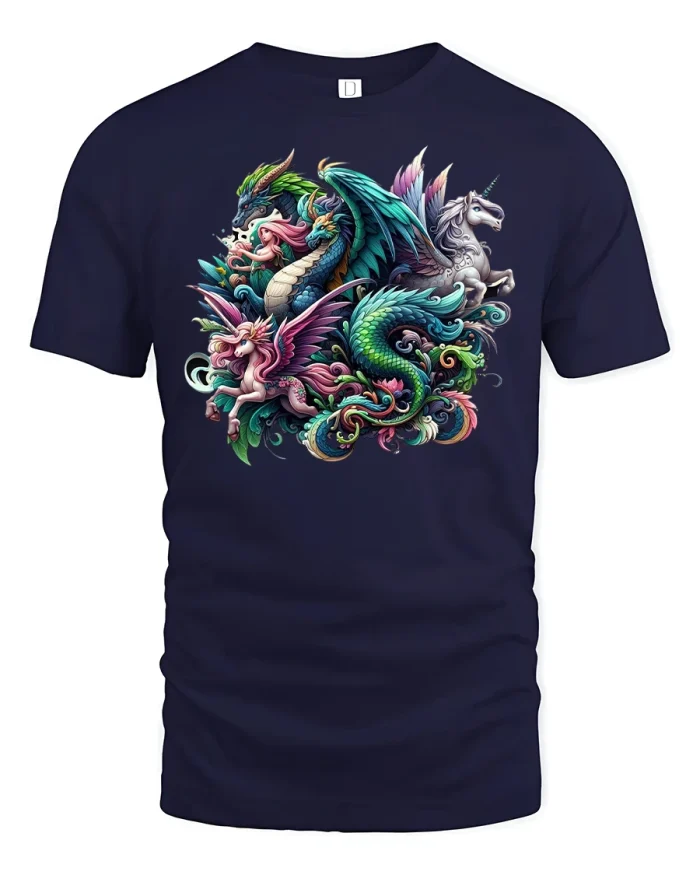 Dragon and Unicorn Fantasy Battle Art Graphic T-Shirt - navy t-shirt on white background