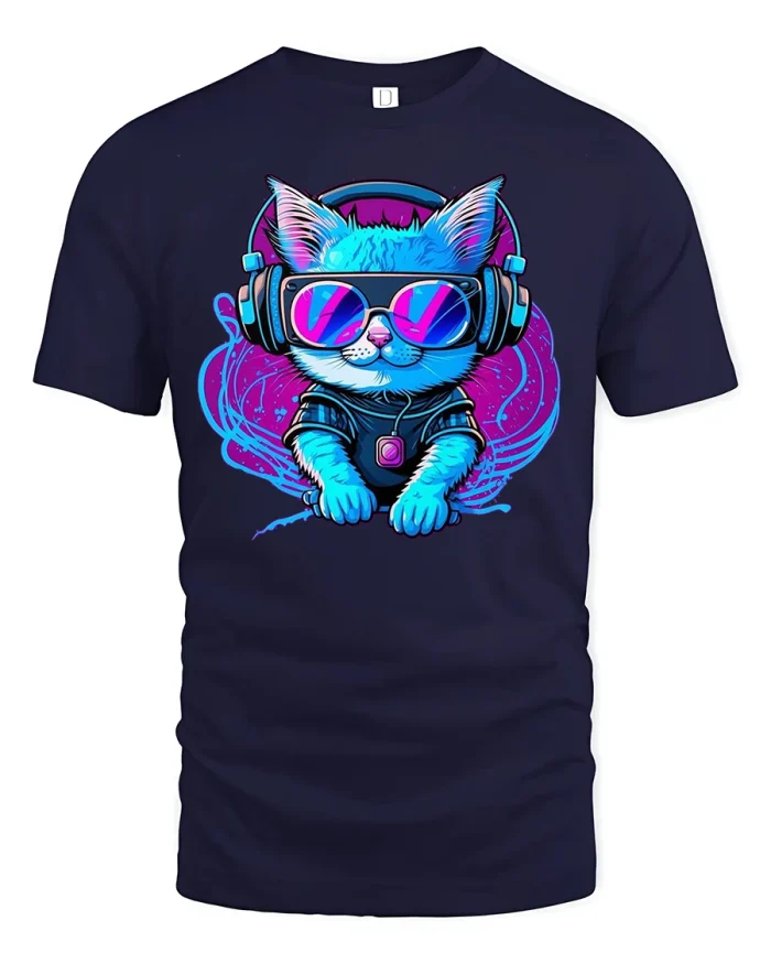 Neon DJ Cat Music Lover Headphones Graphic T-Shirt - navy t-shirt on white background