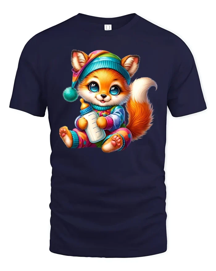 Cute Baby Fox Bottle Lover Adorable Graphic T-Shirt - navy t-shirt on white background