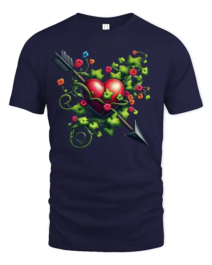 Arrow Through Heart Floral Love Art Graphic T-Shirt - navy t-shirt on white background