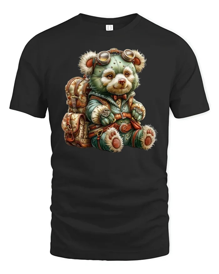 Steampunk Explorer Bear Adventure Art Graphic T-Shirt - black t-shirt on white background
