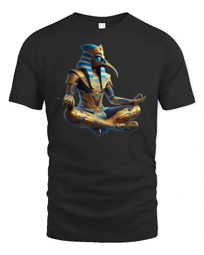 Cyber Pharaoh Meditation Egyptian Futuristic Graphic Tee - black t-shirt on white background