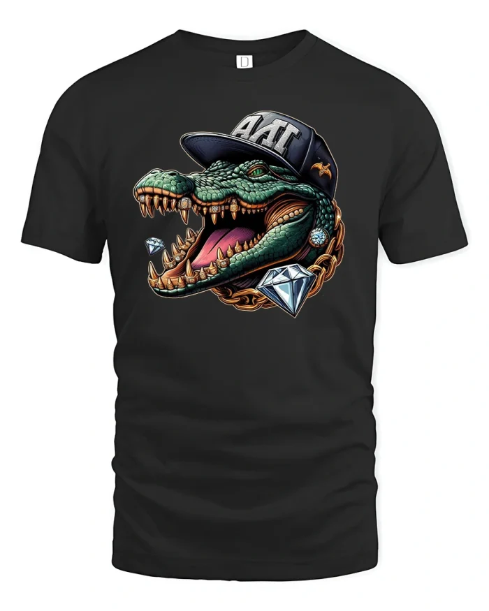 Hip Hop Gator Diamond Chain Cool Street Graphic Tee - black t-shirt on white background