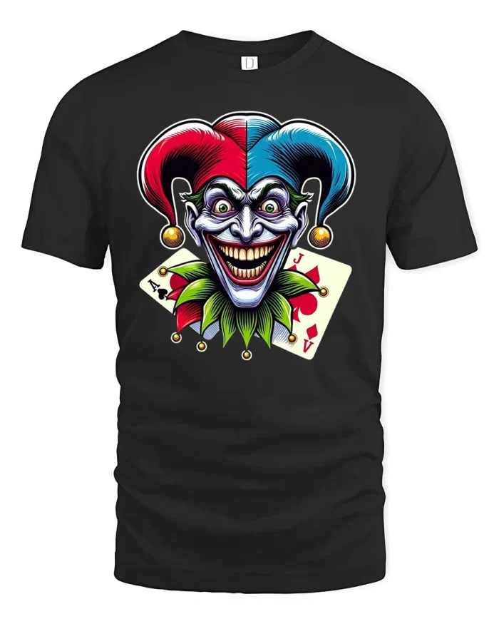 Evil Joker Card Master Creepy Smile Graphic T-Shirt - black t-shirt on white background