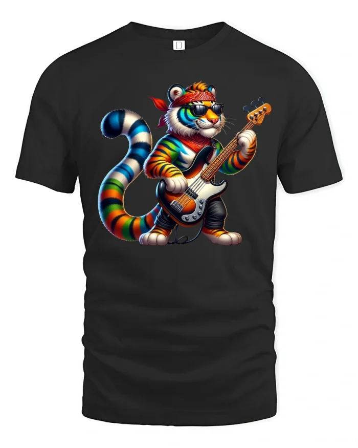 Rock Tiger with Guitar Cool Music Lover Graphic T-Shirt - black t-shirt on white background