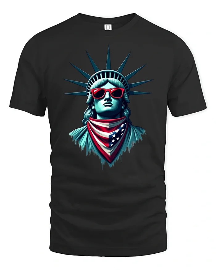 Cool Statue of Liberty USA Flag Sunglasses Graphic Tee - black t-shirt on white background