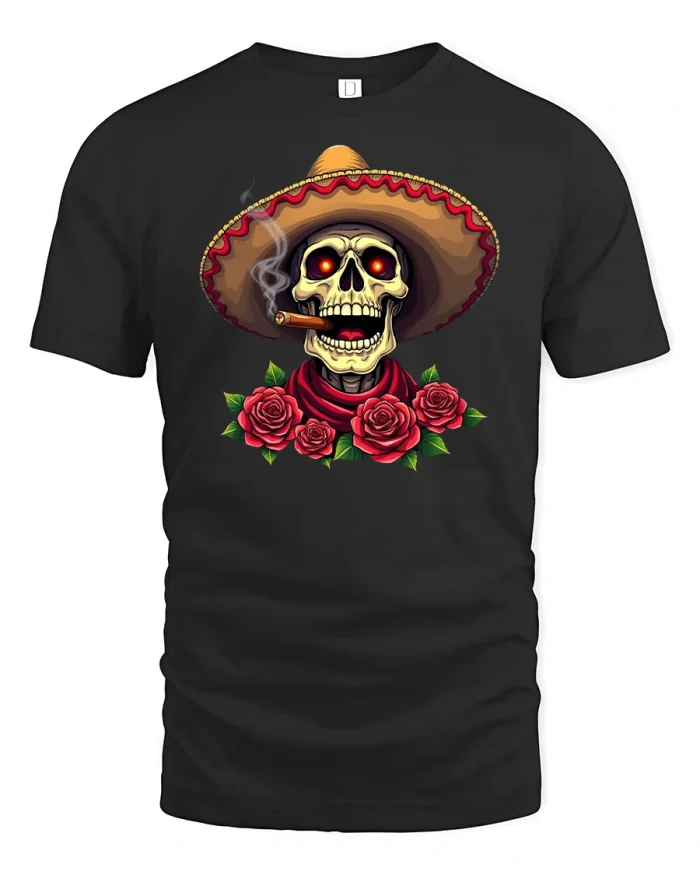 Smoking Skull Sombrero Roses Day of the Dead T-Shirt - black t-shirt on white background