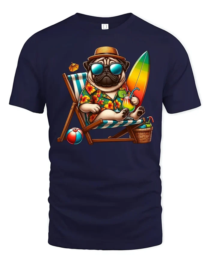 Beach Vibes Pug Surfboard Tropical Vacation T-Shirt - navy t-shirt on white background