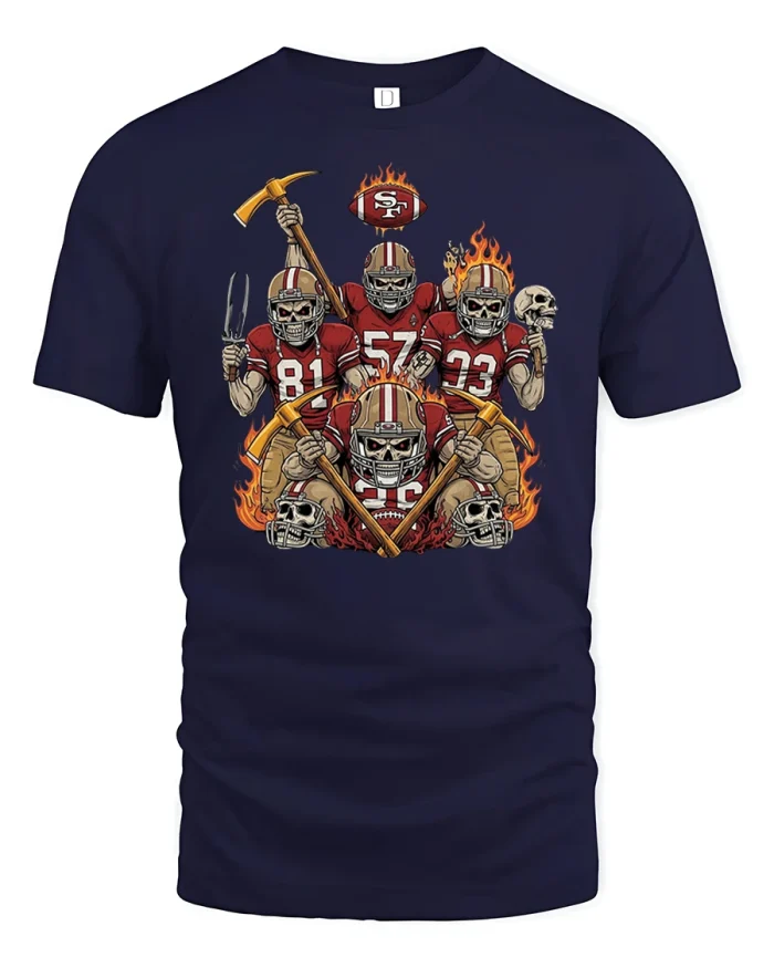 Skull Football Warriors Burning Field Battle T-Shirt - navy t-shirt on white background