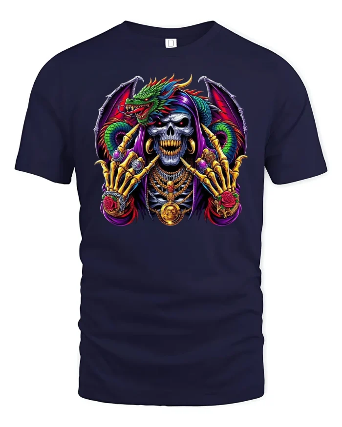 Dragon Reaper Skull Fire Gothic Fantasy T-Shirt - navy t-shirt on white background