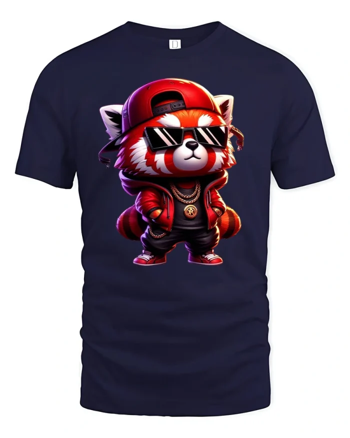 Cool Street Red Panda Hip Hop Style Graphic T-Shirt - navy t-shirt on white background