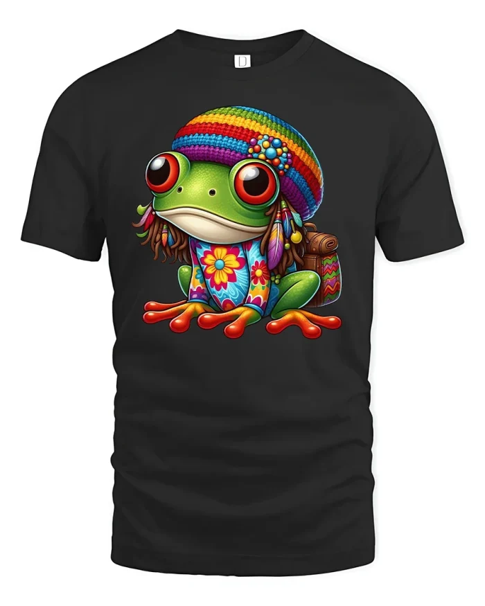Hippie Frog T-Shirt Colorful Retro Boho Animal Tee - black t-shirt on white background