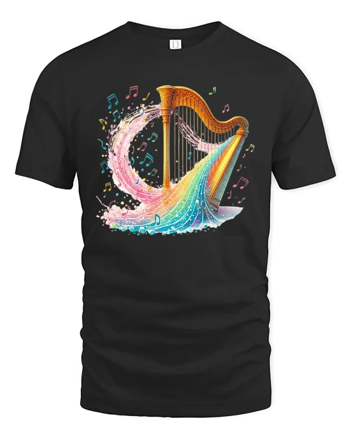 Rainbow Harp T-Shirt Colorful Music Wave Art Tee - black t-shirt on white background